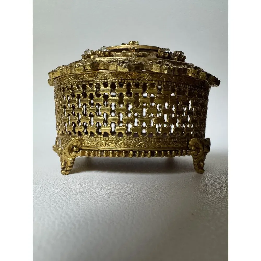 Vintage Florenza Jeweled Filigree Trinket Box Cobalt Blue Enamel Footed Oval